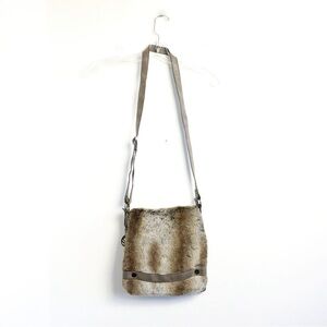 KGB Faux Fur Shoulder Bag Brown Grey vegan leather flap over winter fall fluffy
